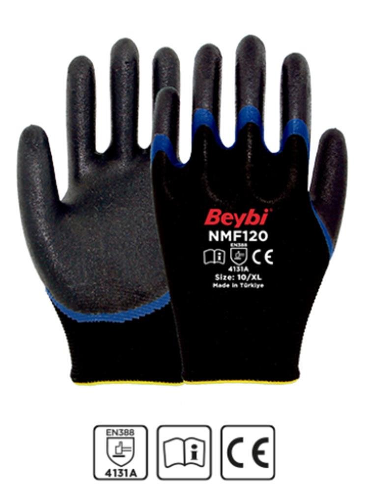 Beybi NMF120 Mikro Köpük 1-2 Nitril Kaplı Polyester Örgü Eldiven 9 Beden 6 Çift