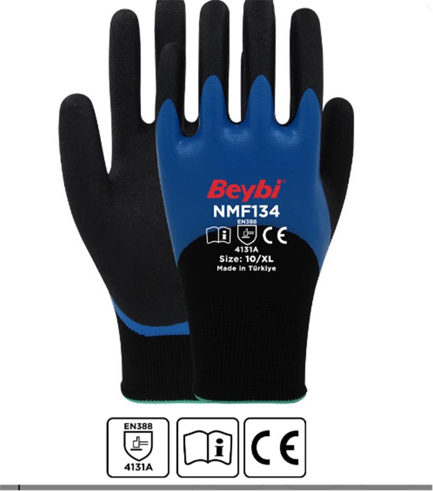 Beybi NMF134 Double Mikro Köpük 3/4 Nitril Kaplı Polyester Örgü Eldiven 10 Beden 6 Çift
