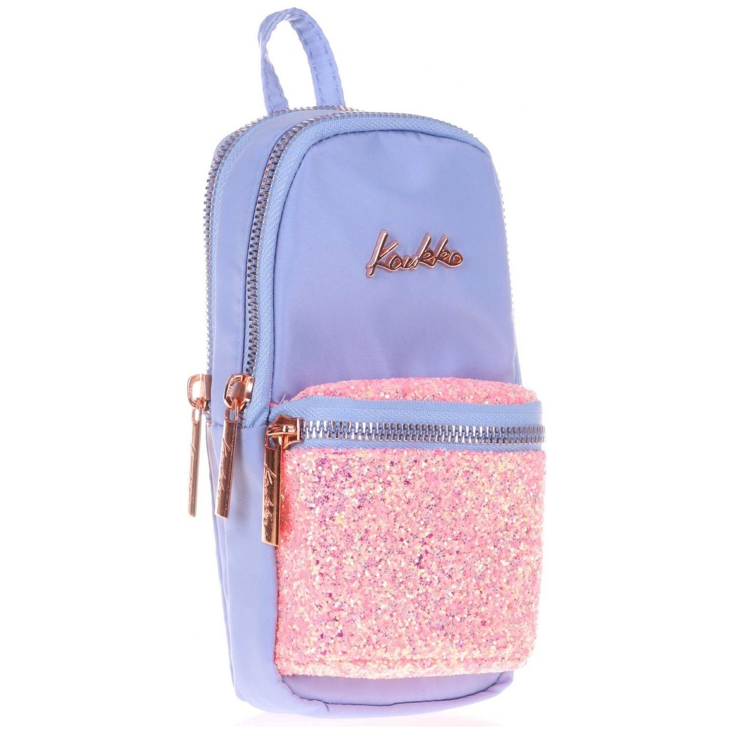 Kaukko Kalem Çantası Bright Junior Bag Taşlı-Floral Mavi Üç Bölmeli Kalemlik